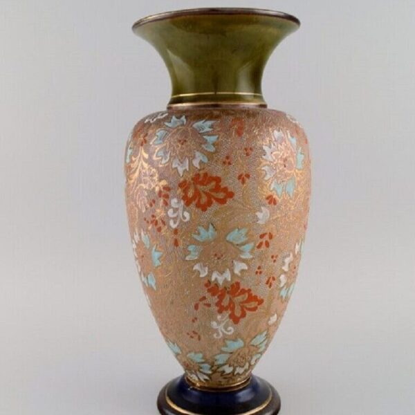 Große Doulton Lambeth Keramikvase mit handgemalten Blumen und goldener Dekoration